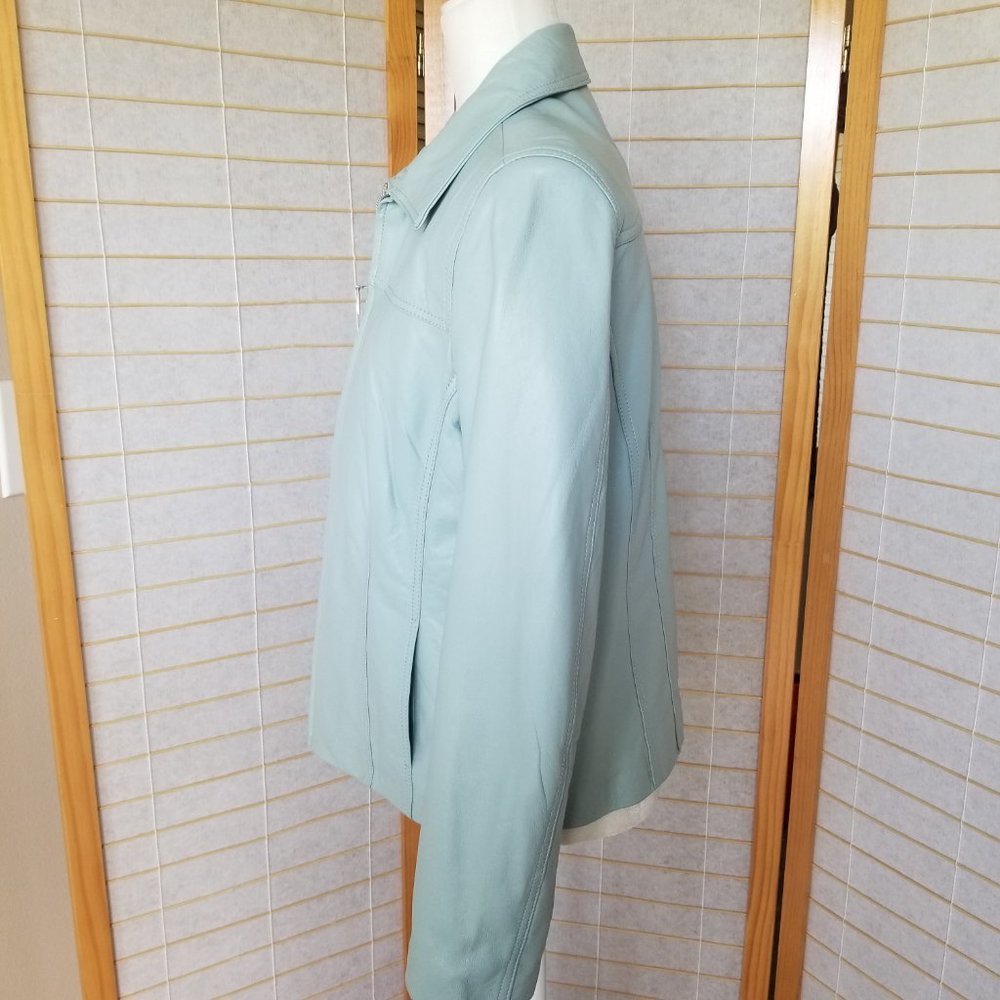Light Blue Leather Zip Front Blazer Jacket - Picture 5 of 10